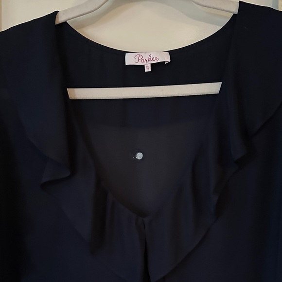 PARKER | Silk Dark Blue Ruffle Short Sleeve Blouse - Picture 3 of 11